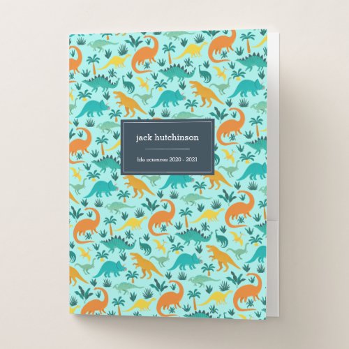 Aqua | Cute Colorful Dinosaur Pattern Kids Name Pocket Folder