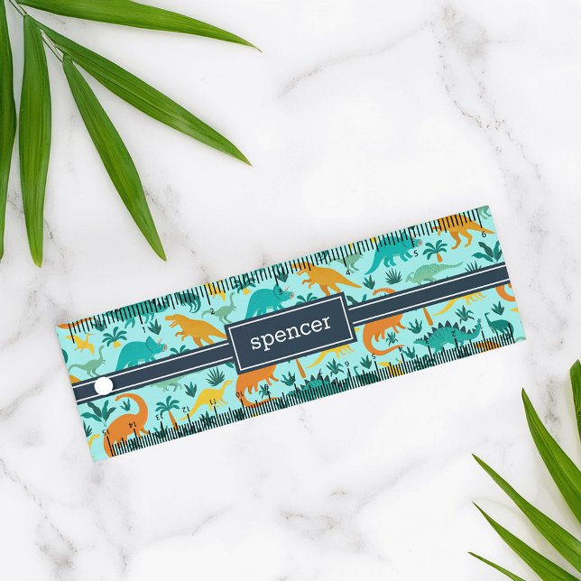 Aqua | Cute Colorful Dinosaur Pattern Kids Name Ruler (Creator Uploaded)