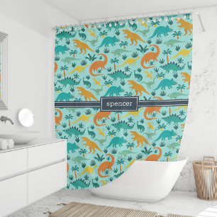 Aqua Cute Colorful Dinosaur Pattern Kids Name Shower Curtain