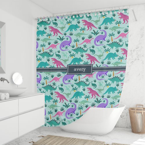 Aqua  Cute Colorful Dinosaur Pattern Kids Name Shower Curtain