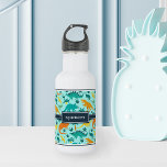 Aqua | Cute Colorful Dinosaur Pattern Kids Name Stainless Steel Water Bottle<br><div class="desc">Personalize this cute dinosaur themed water bottle with your child’s name in white lettering for a cool custom touch! Created especially for dino-loving kids,  this colorful design features orange,  yellow,  and mint green dinosaur illustrations on a vibrant aqua background.</div>