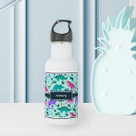 Aqua | Cute Colorful Dinosaur Pattern Kids Name Stainless Steel Water Bottle<br><div class="desc">Personalize this cute dinosaur themed water bottle with your child’s name in white lettering for a cool custom touch! Created especially for dino-loving girls,  this colorful design features pink,  purple,  and mint green dinosaur illustrations on a vibrant aqua background.</div>