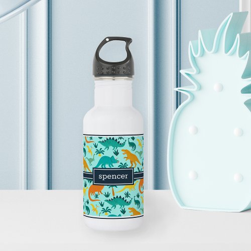 Aqua  Cute Colorful Dinosaur Pattern Kids Name Stainless Steel Water Bottle
