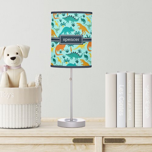 Aqua  Cute Colorful Dinosaur Pattern Kids Name Table Lamp