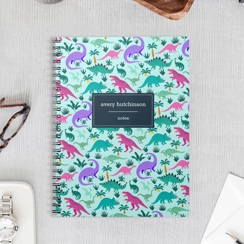 Aqua | Cute Colorful Dinosaur Pattern Personalized Notebook