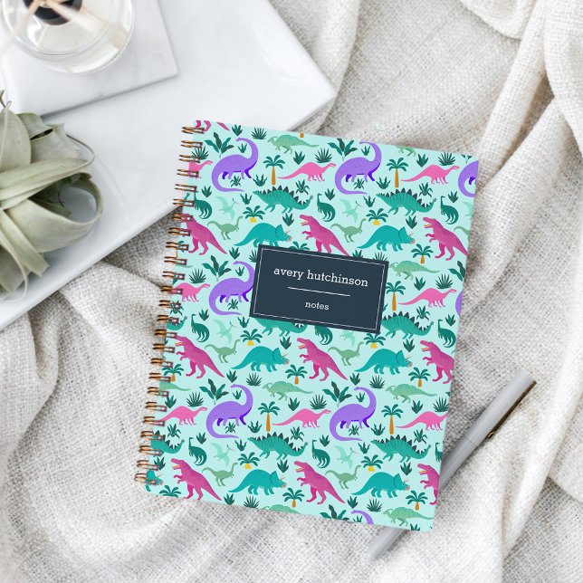Aqua | Cute Colorful Dinosaur Pattern Personalized Notebook (Creator Uploaded)