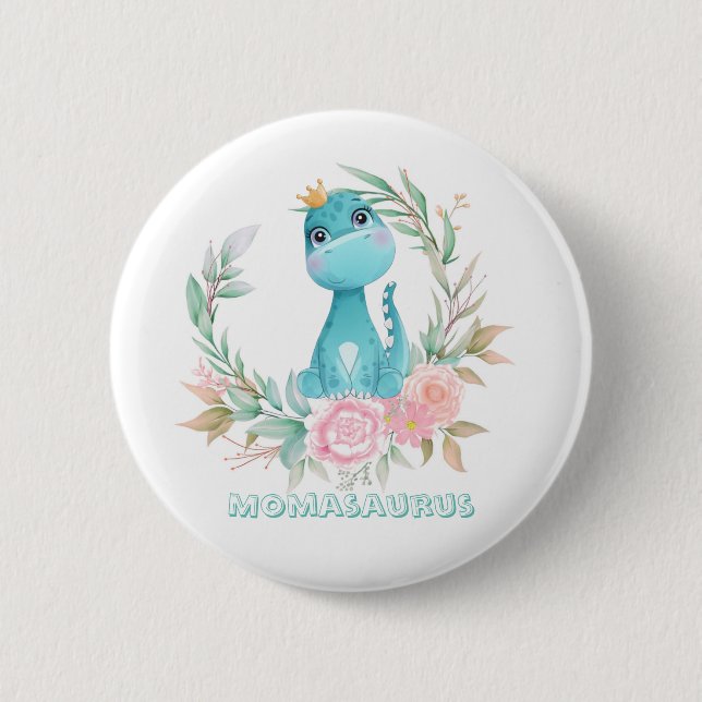 Aqua Cute Dinosaur Peony Momasaurs Baby Shower  Button (Front)