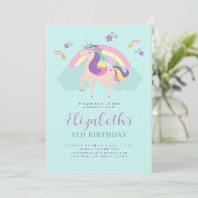 Aqua | Cute Rainbow Unicorn Personalised Birthday  Invitation (Standing Front)