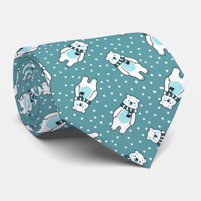 Aqua cute snow polar bear pattern neck tie (Rolled)