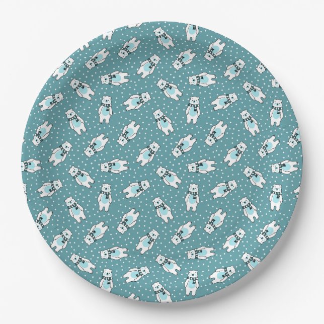 Aqua cute snow polar bear pattern paper plates (Front)