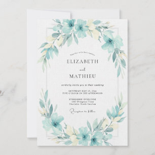 Aqua Cyan Leafy Wedding Invitation