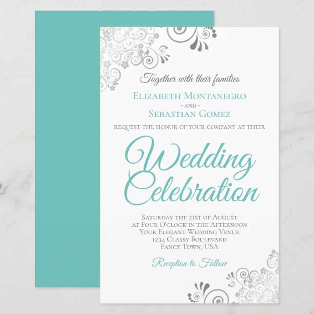 Aqua Cyan on White BUDGET Wedding Invite Large (Front/Back)