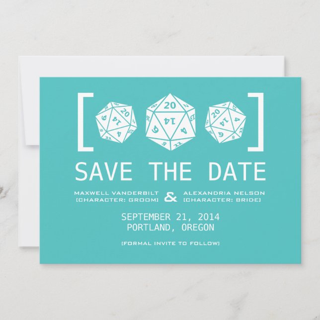 Aqua D20 Dice Gamer Save the Date Invite (Front)
