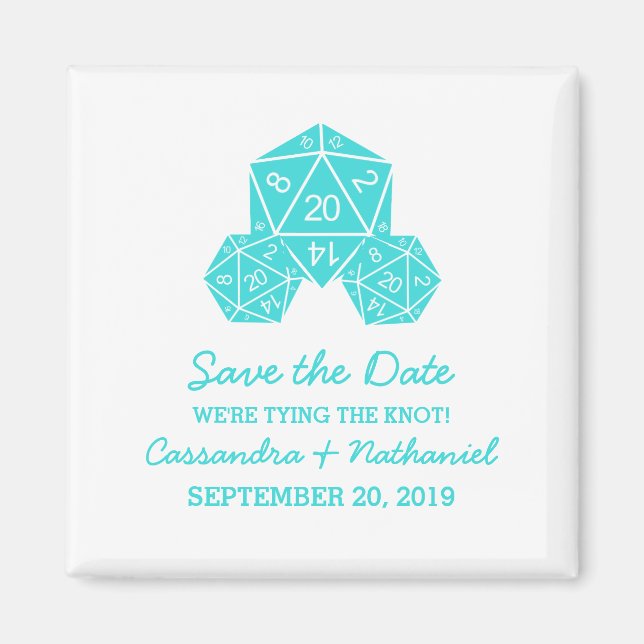 Aqua D20 Dice Save the Date Magnet (Front)
