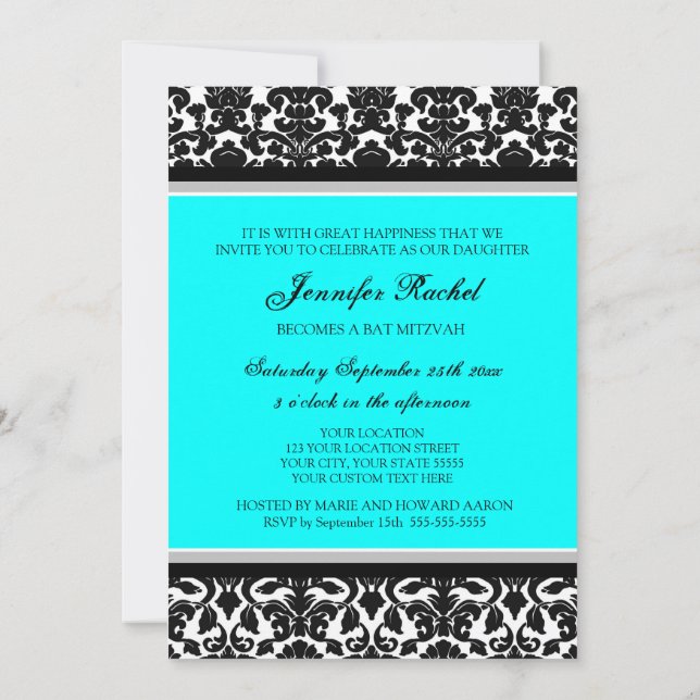 Aqua Damask Bat Mitzvah Invitations (Back)