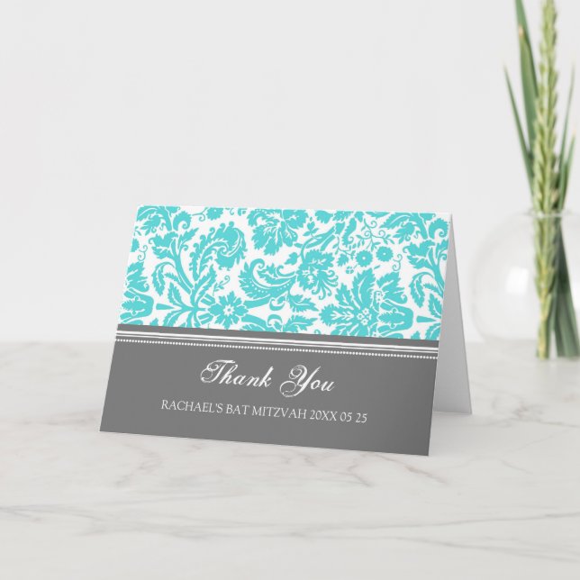 Aqua Damask Bat Mitzvah Thank You Card (Front)