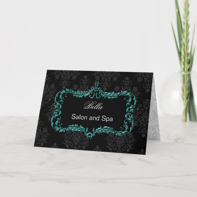 aqua damask Business Thank You Cards (Front)