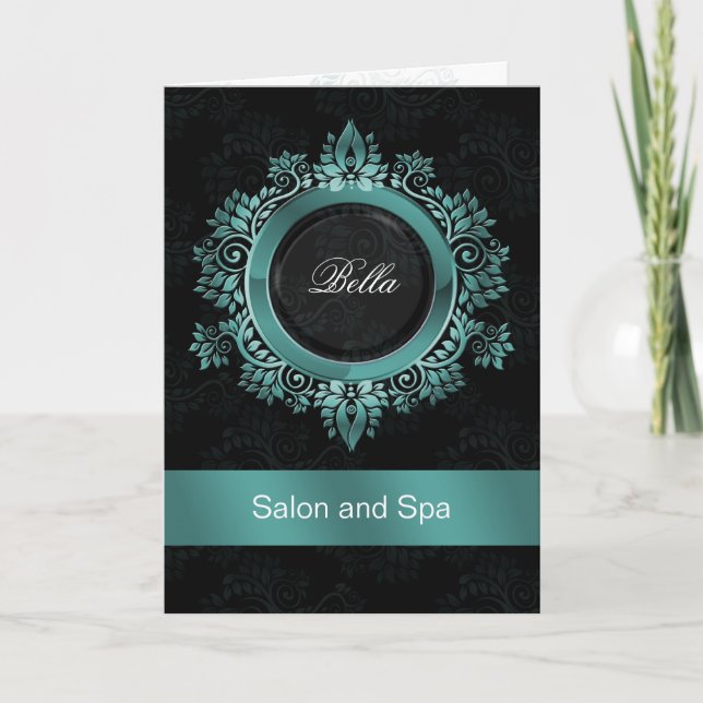 aqua damask Business Thank You Cards (Front)