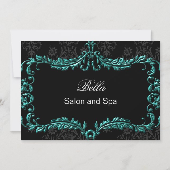 aqua damask Business Thank You Cards (Front)