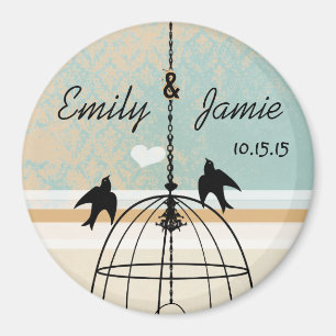 Aqua Damask & Coral Bird Cage Wedding Magnet