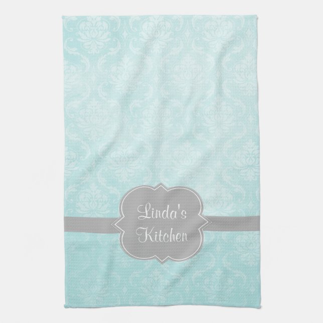 Aqua Damask Gray Personalized Kitchen Towel (Vertical)