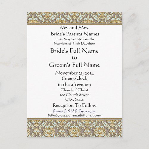 Aqua Damask  Grey Wedding Invitation