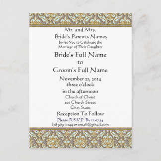 Aqua Damask Grey Wedding Invitation Postcard
