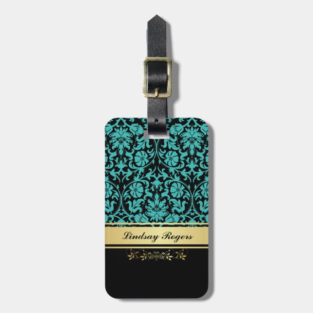 Aqua Damask Luggage Tag (Front Vertical)