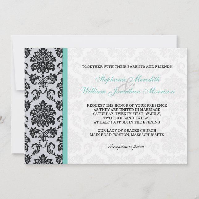 Aqua Damask Monogram Wedding Invitation (Front)