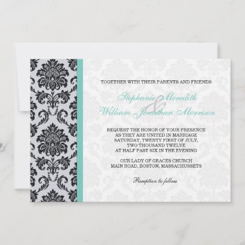 Aqua Damask Monogram Wedding Invitation