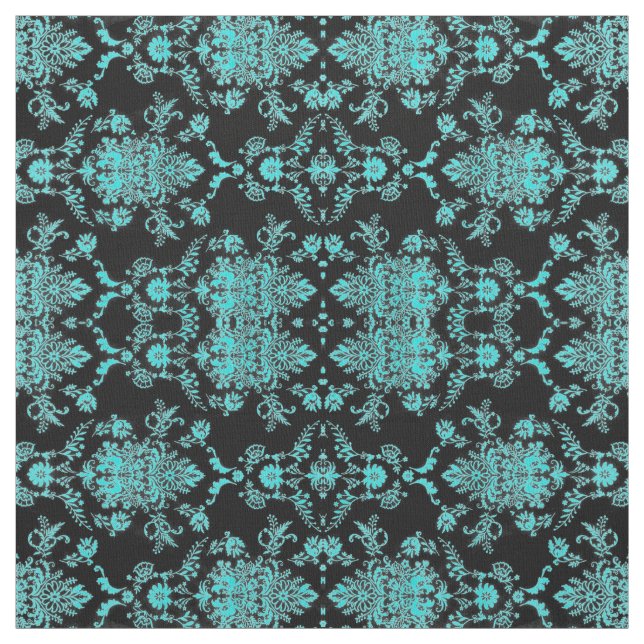 Aqua Damask on Black Chic Design Fabric (Swatch)