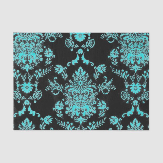 Aqua Damask on Black Chic Design Tissue Paper (Front)