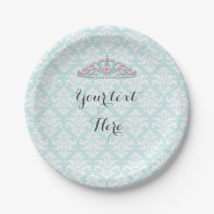 Aqua Damask Princess Tiara Customize Paper Plates