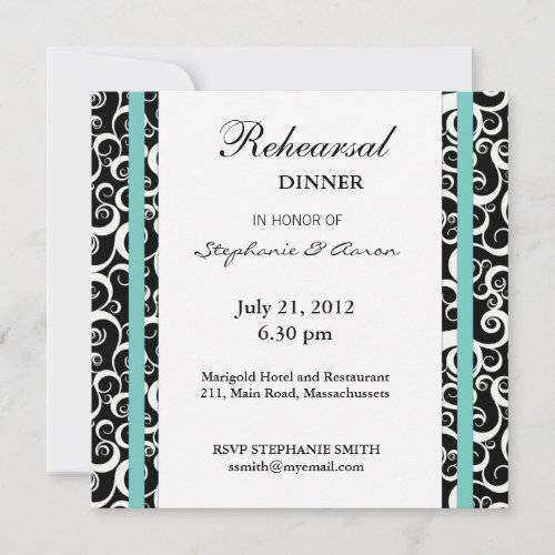 Aqua Damask Swirl Rehearsal Dinner Invitation