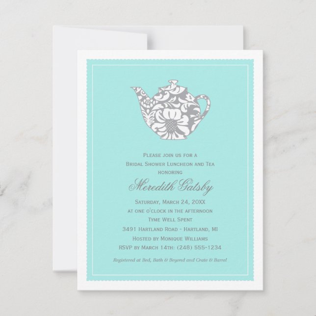 Aqua Damask Teapot Tea Party Wedding Shower Invitation (Front)