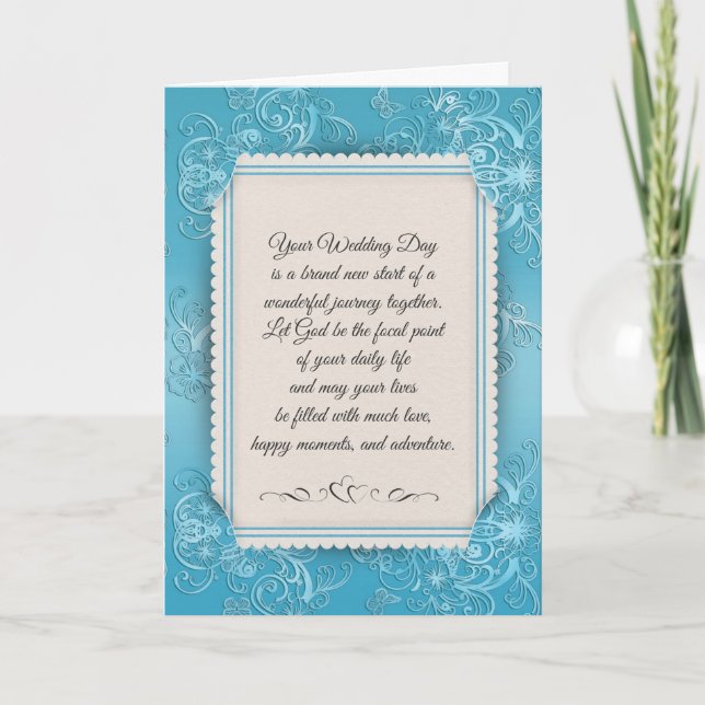 Aqua Damask Wedding  Card (Front)