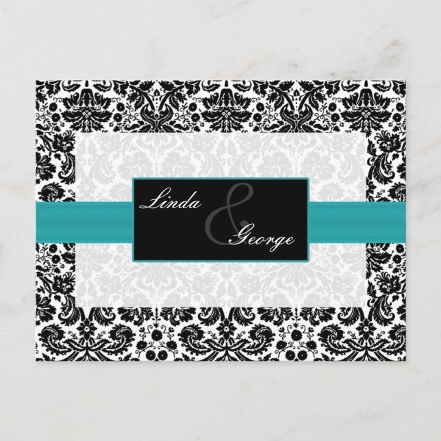 aqua damask  Wedding rsvp card (Front)