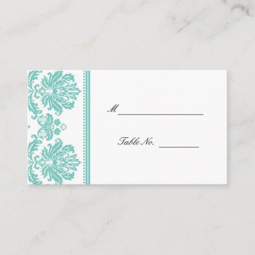 Customizable Aqua Damask Wedding Seating Placecards Business Card Template
