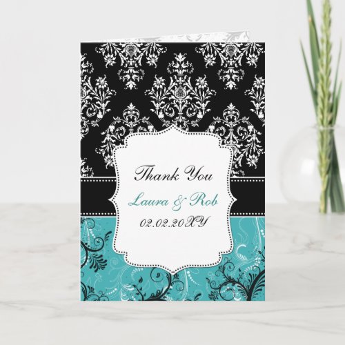 aqua damask wedding Thank You