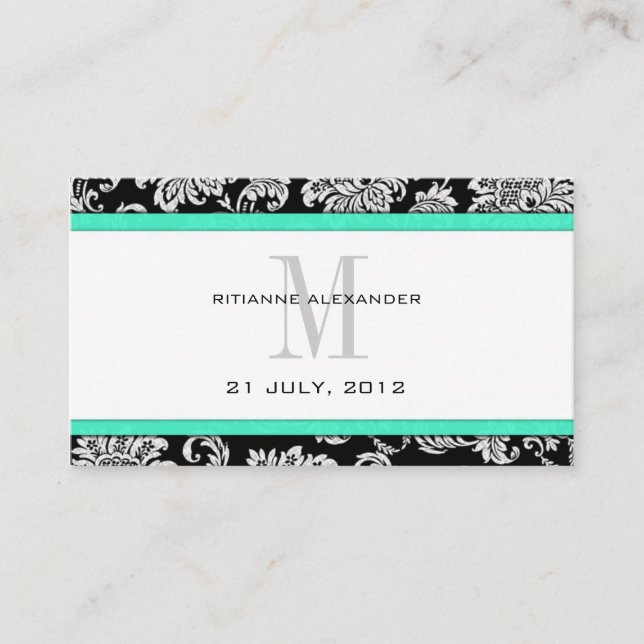 Aqua Damask Wedding Website Business Card (Front)