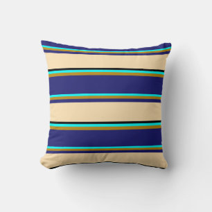Aqua, Dark Goldenrod, Midnight Blue, Beige & Black Throw Pillow