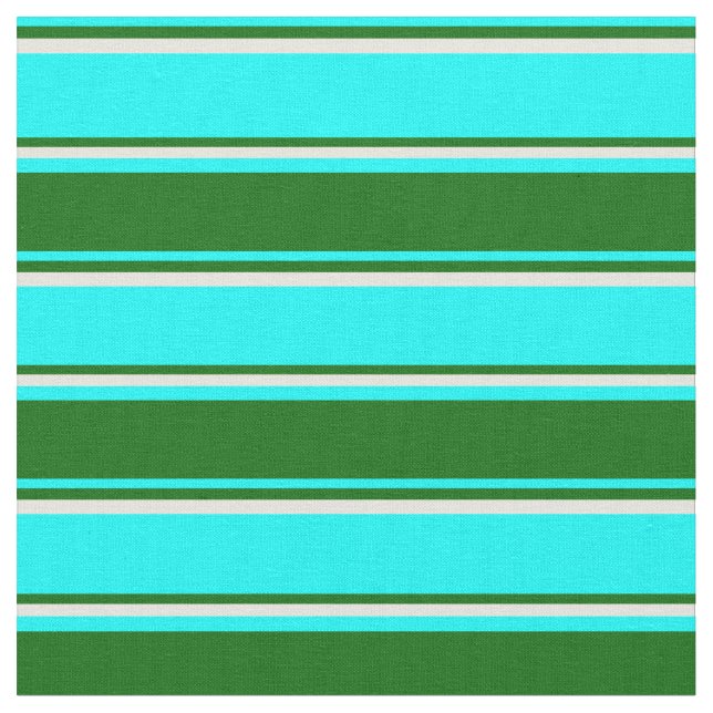 Aqua, Dark Green & Beige Stripes Fabric (Close Up)