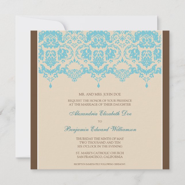 Aqua Darling Damask Lace Square Wedding Invitation (Front)