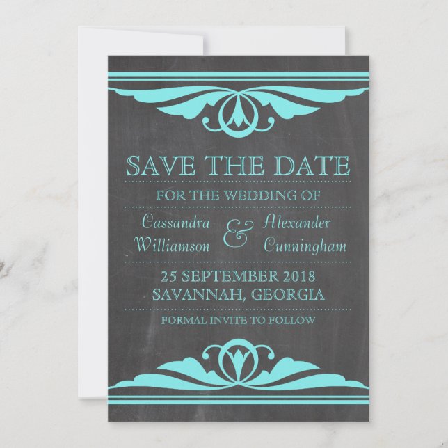 Aqua Deco Chalkboard Save the Date Invite (Front)