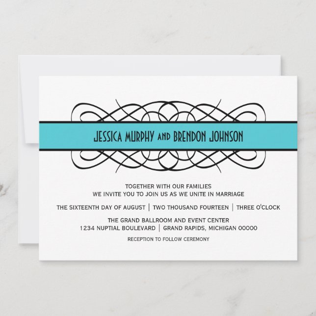 Aqua Deco Flourish Wedding Invite (Front)