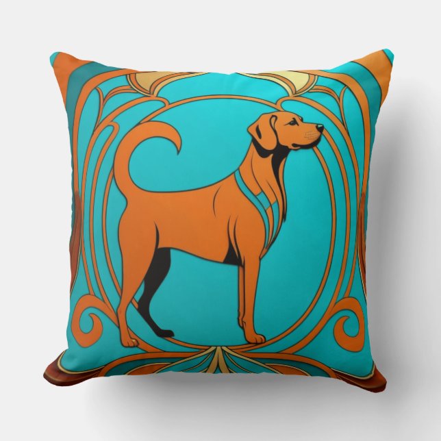 Aqua Deco Orange Dog Throw Pillow (Front)