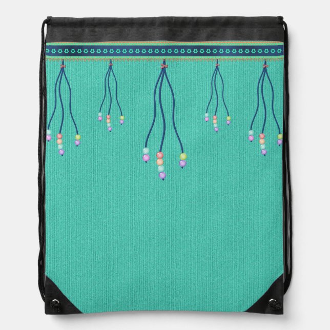 Aqua Denim Patterned Pack with Faux Dangles Drawstring Bag (Front)