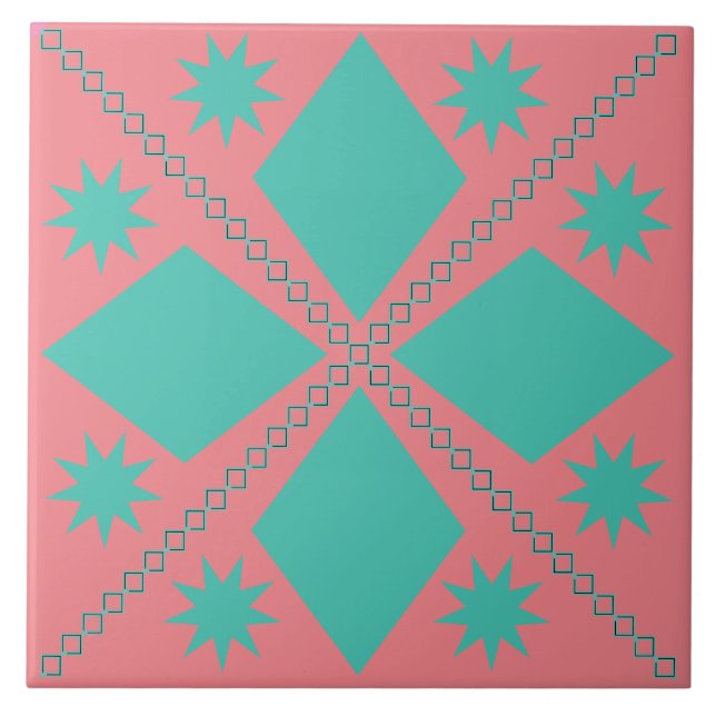 Aqua Diamond Fun | Salmon Background | Ceramic Tile (Front)
