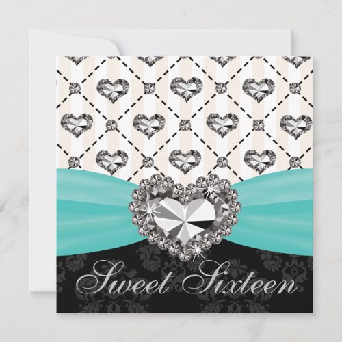 Aqua Diamond Heart Sweet Sixteen Invitations