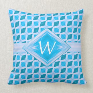 Aqua Diamond Ice Pattern Monogram Throw Pillow